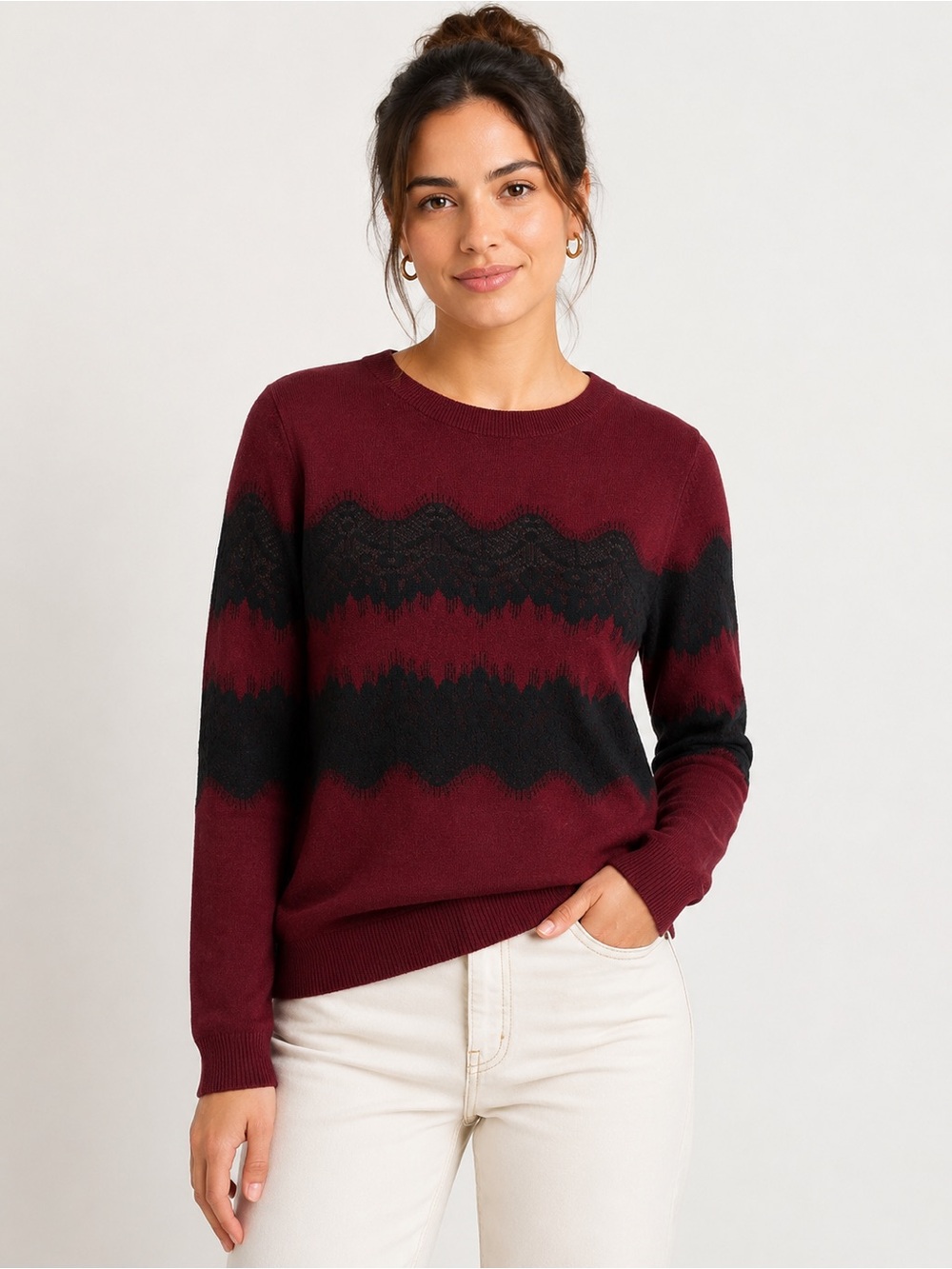 Banana Republic Burgundy Black Lace Knit Sweater Small Crewneck Pullover